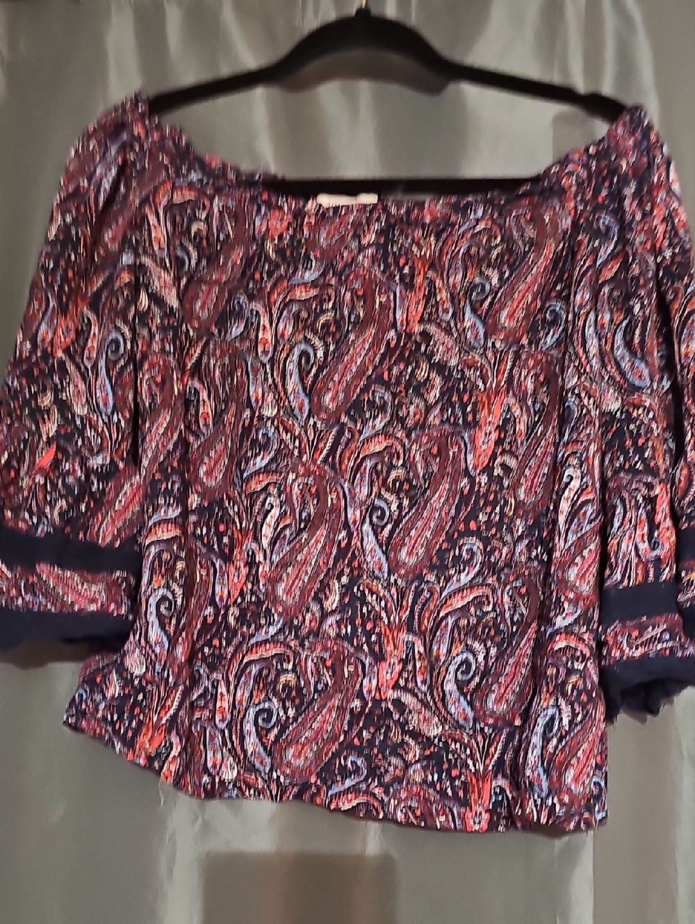 Solitaire Navy and Coral Paisley Off-Shoulder Blouse